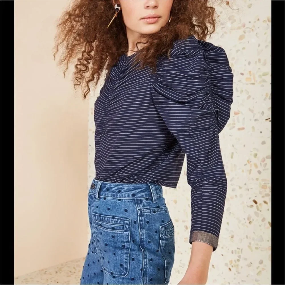 Ulla Johnson Striped Navy Top with Puff Sleeves, US2